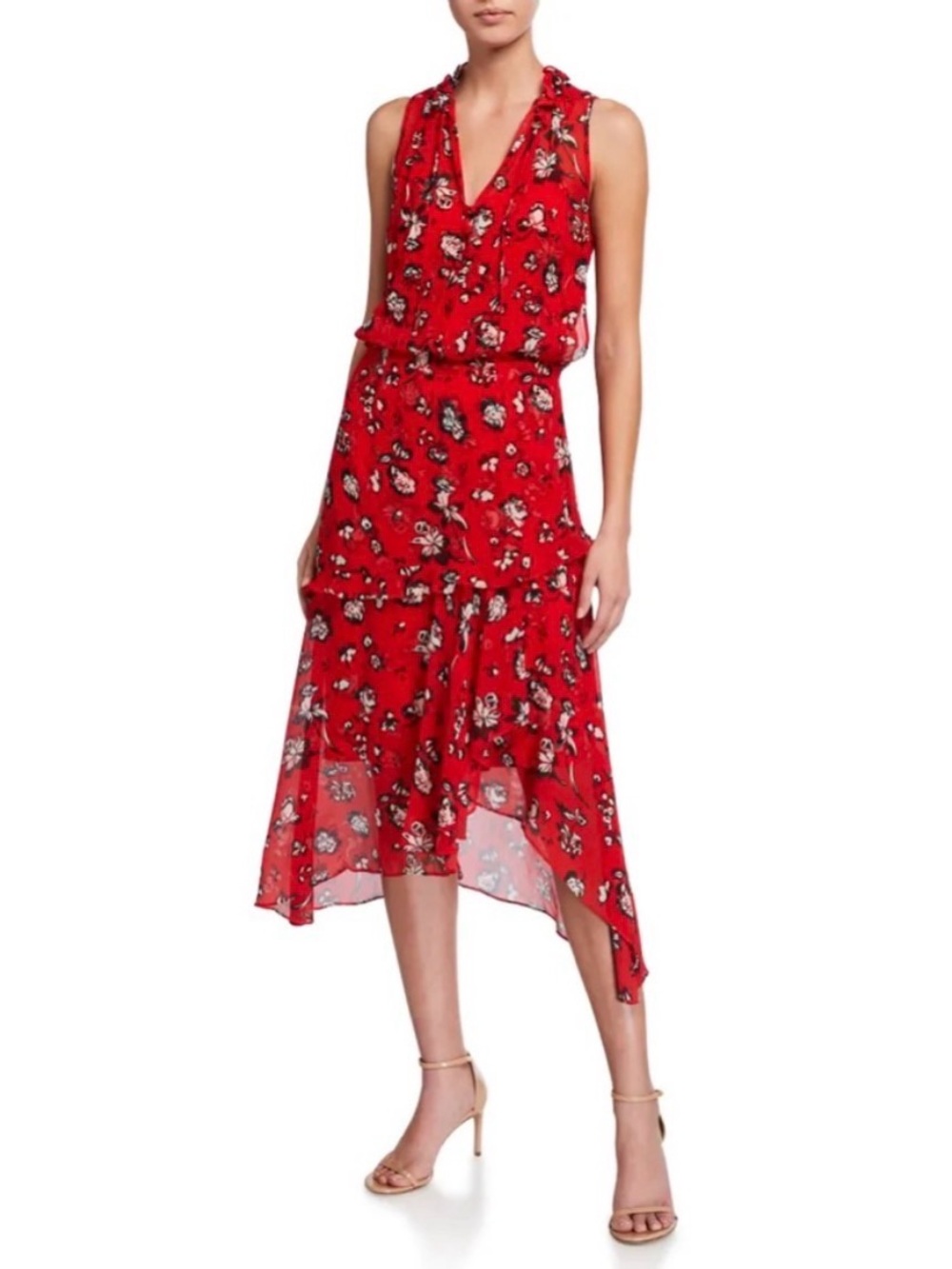Veronica Beard Corsica Silk Red Multi Floral Handkerchief Sleeveless Dress EUC 2